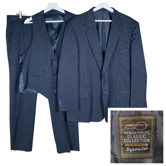 Vintage Sears Perma-Prest 3 Piece Suit 47R/W39 Action Traveler Navy Striped